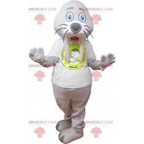 Graues riesiges Walrossmaskottchen mit einem weißen T-Shirt -