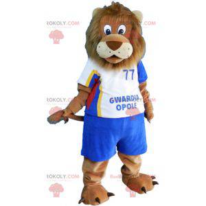Mascote grande leão marrom em roupas esportivas - Redbrokoly.com
