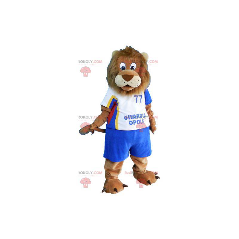 Mascote grande leão marrom em roupas esportivas - Redbrokoly.com