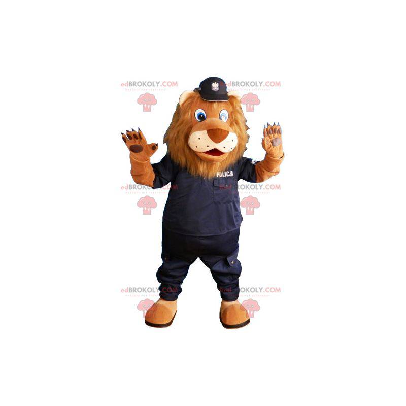 Mascote leão marrom vestido como policial - Redbrokoly.com