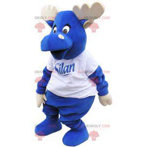 Elk mascot all blue with antlers and a white t-shirt -