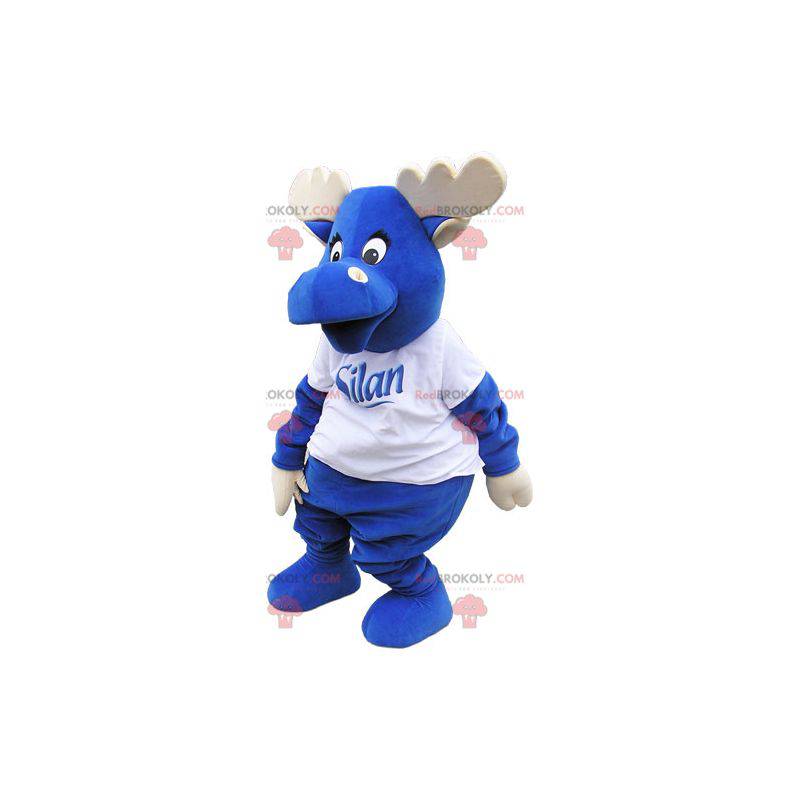 Elk mascot all blue with antlers and a white t-shirt -