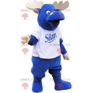 Mascota de alce todo azul con astas y una camiseta blanca -