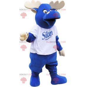 Elk mascotte helemaal blauw met een gewei en een wit t-shirt -