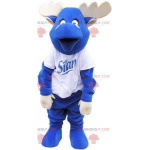 Elk mascot all blue with antlers and a white t-shirt -