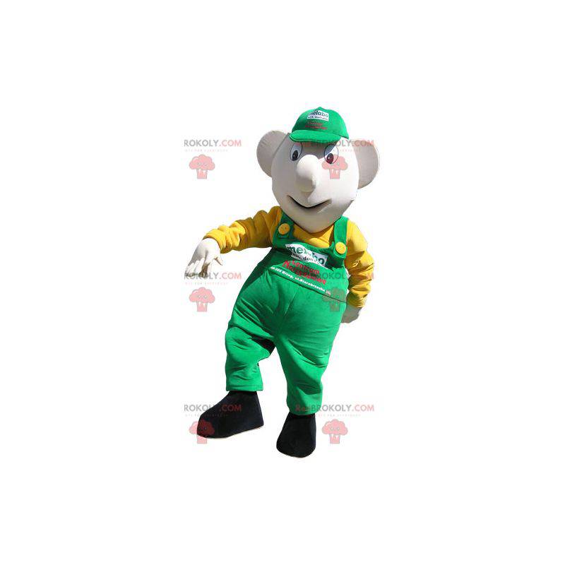 Sneeuwpopmascotte in overall en groene pet - Redbrokoly.com