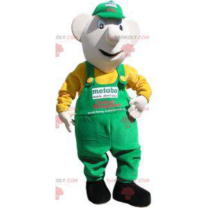Snowman mascot in overalls and green cap - Redbrokoly.com