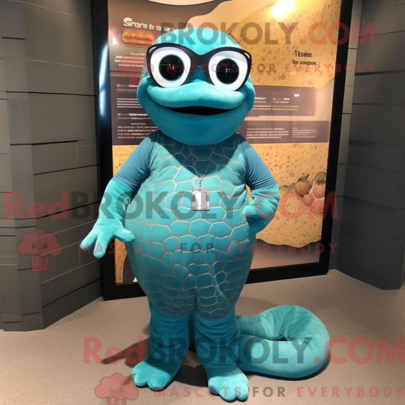 Blågrønn Python-maskotdraktfigur kledd med leggings og briller - Python-maskoter - REBROKO_240784 - RedBrokoly.com