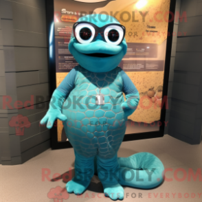 Blågrønn Python-maskotdraktfigur kledd med leggings og briller - Python-maskoter - REBROKO_240784 - RedBrokoly.com