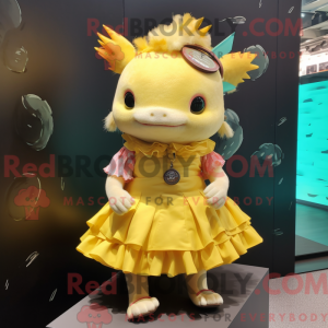 Gul Axolotls maskot kostume...