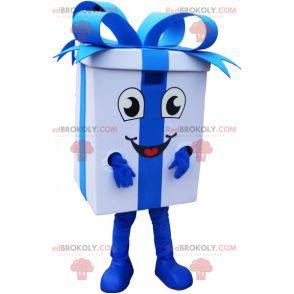 Giant gift wrapping mascot with a pretty blue ribbon -