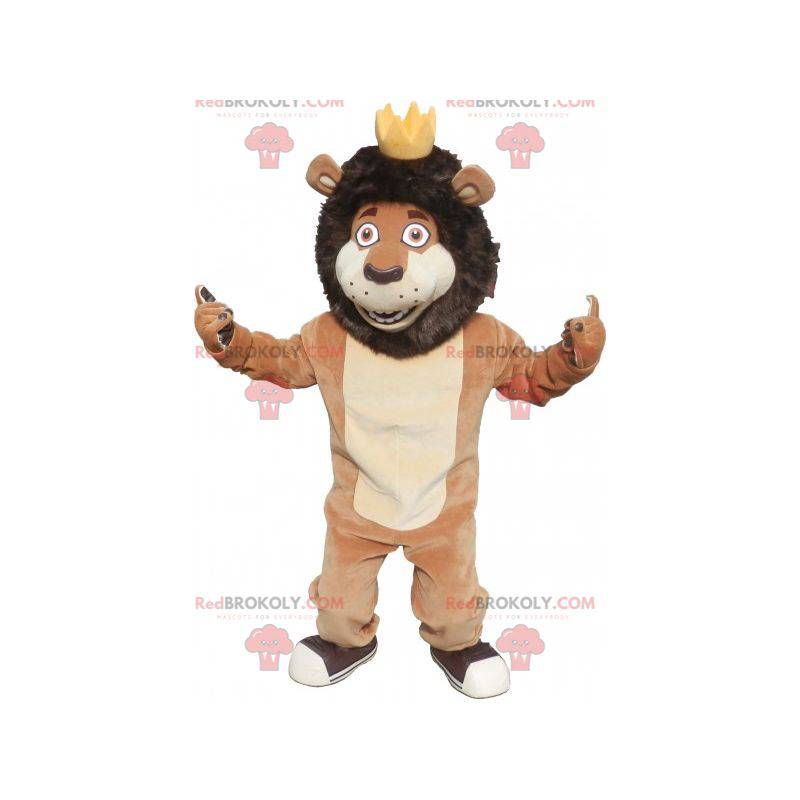 Mascotte de lion marron et beige avec une couronne -