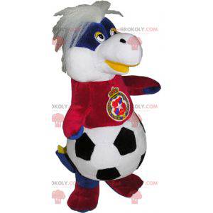 Mascota de peluche con cuerpo de globo y camiseta de fútbol. -