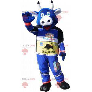 Maskotka niebieska krowa w stroju samochodu wyścigowego -