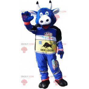 Blue cow mascot in racing car outfit - Redbrokoly.com