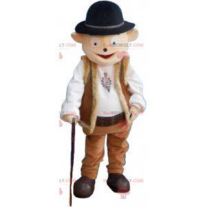 Snowman mascot in shepherd outfit with bowler hat -
