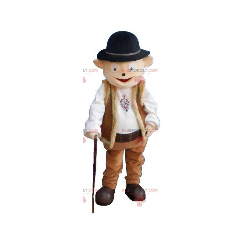 Snowman mascot in shepherd outfit with bowler hat -