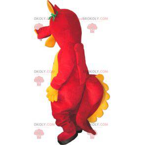 Mascot grappige rode en gele dinosaurus schepsel -