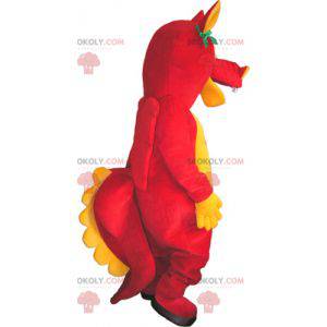 Mascot criatura divertida dinosaurio rojo y amarillo -