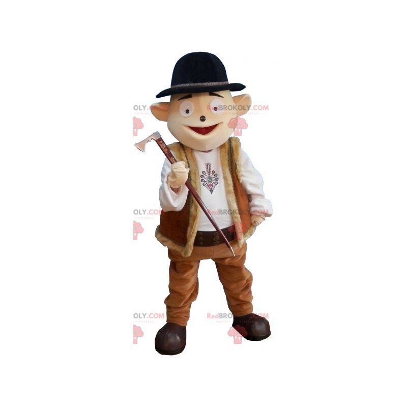 Snowman mascot in mountain outfit with bowler hat -