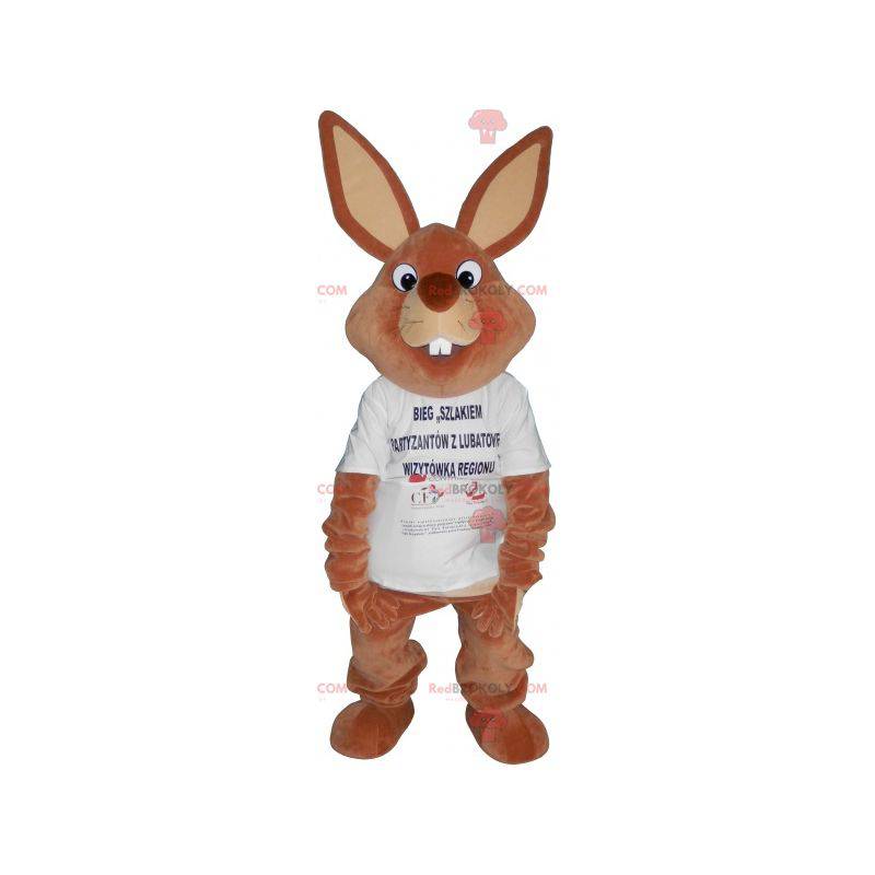 Mascote gigante coelho marrom em camiseta - Redbrokoly.com