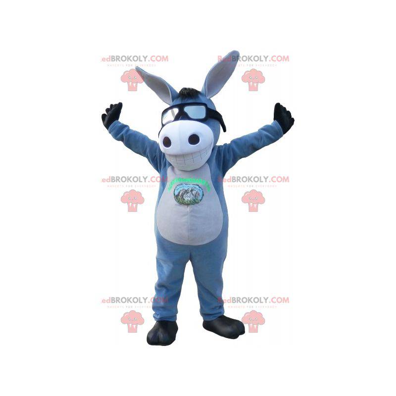 Mascota de burro gris y blanco con una sonrisa. Mascota de mula