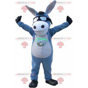 Mascote de burro cinzento e branco com um sorriso. Mascote mula