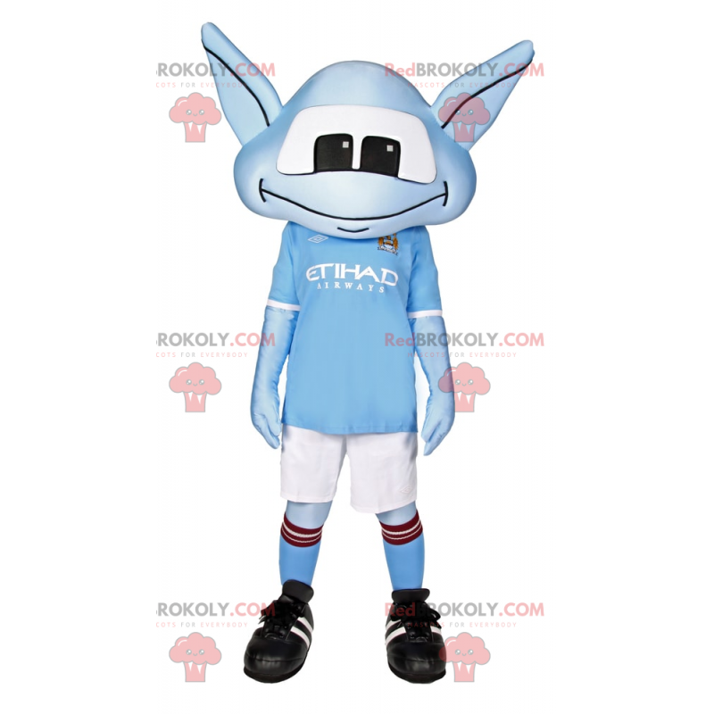 Mascotte Alien bleu avec longues oreilles et tenue de soccer -