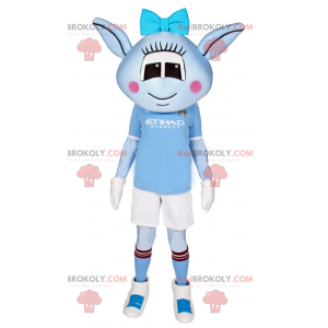 Blue Alien mascot with blue bow and soccer outfit -