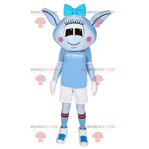Blue Alien Maskottchen mit blauer Schleife und Fußballoutfit -