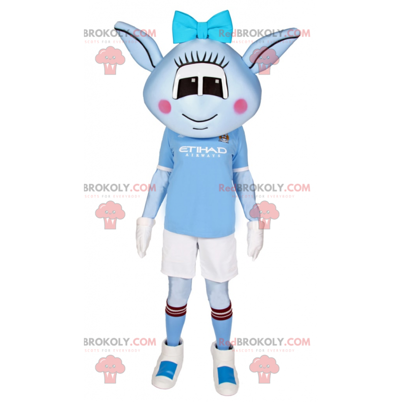 Blue Alien mascot with blue bow and soccer outfit -