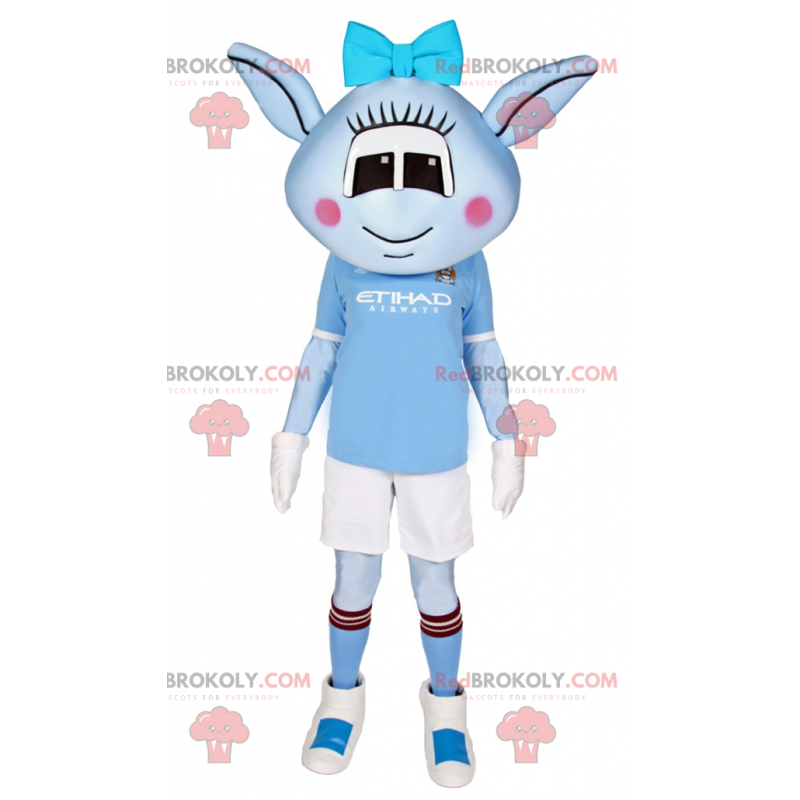 Blue Alien Maskottchen mit blauer Schleife und Fußballoutfit -