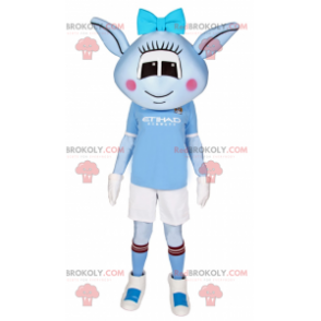 Blue Alien mascot with blue bow and soccer outfit -