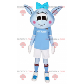 Blue Alien Maskottchen mit blauer Schleife und Fußballoutfit -