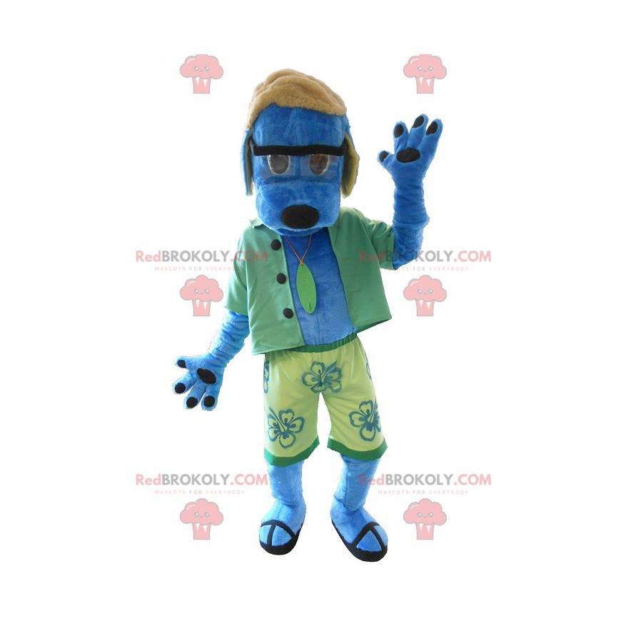 Blauwe hond mascotte gekleed in het groen - Redbrokoly.com