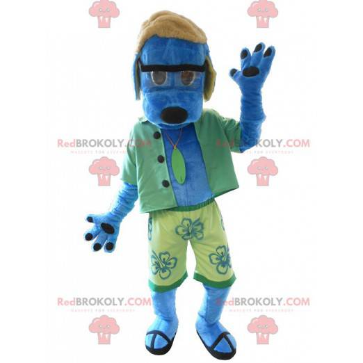 Blauwe hond mascotte gekleed in het groen - Redbrokoly.com