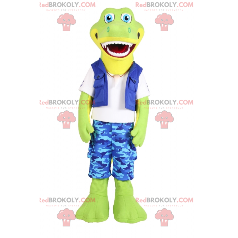 Mascotte crocodile souriant en short a camouflage bleu -