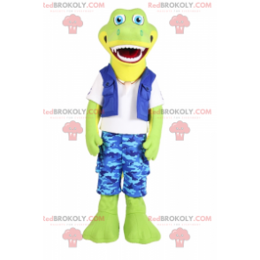 Mascotte crocodile souriant en short a camouflage bleu -