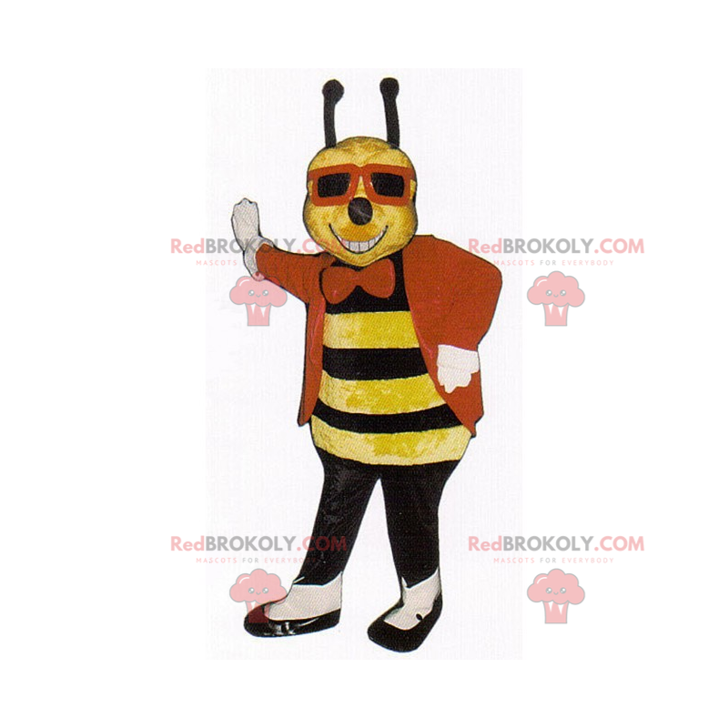 Mascota de abeja con chaqueta y gafas negras. - Redbrokoly.com