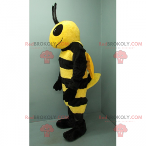 Mascote de abelha preta e amarela com grandes olhos negros -