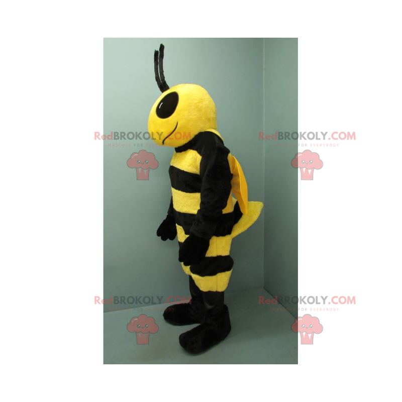 Svart og gul bie-maskot med store svarte øyne - Redbrokoly.com