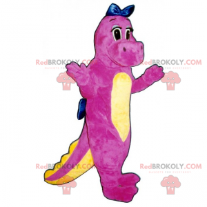 Adorável mascote de dinossauro rosa com um laço azul -