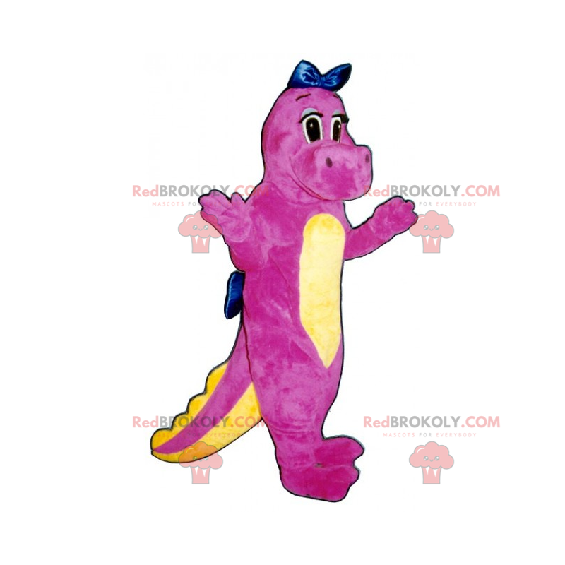 Bedårende rosa dinosaur-maskot med blå sløyfe - Redbrokoly.com Bedårende rosa dinosaur-maskot med blå sløyfe - Redbrokoly.com