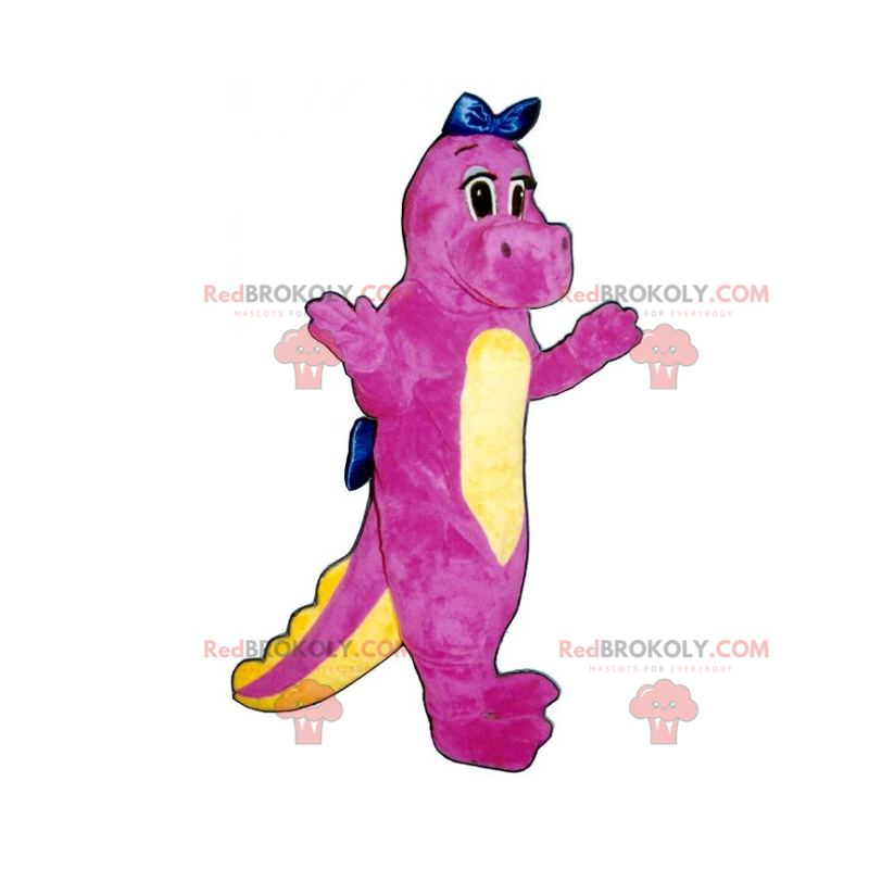Yndig lyserød dinosaur-maskot med en blå sløjfe - Redbrokoly.com