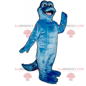 Adorabile mascotte dinosauro blu con un grande sorriso -