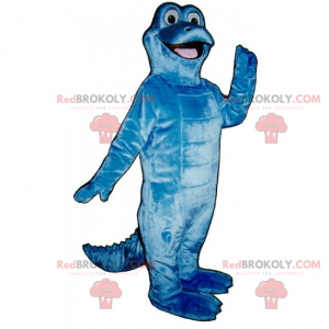 Adorável mascote de dinossauro azul com um grande sorriso -
