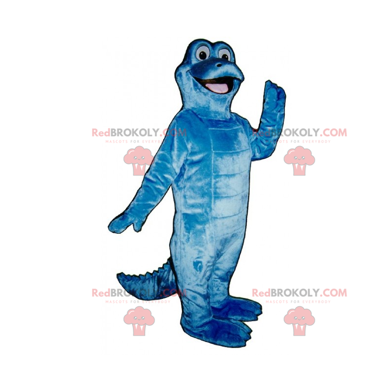 Adorabile mascotte dinosauro blu con un grande sorriso -