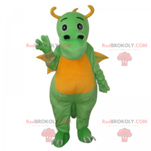 Adorable mascota dragón verde y amarillo con cuernos -