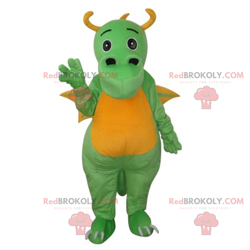 Mascotte d'adorable dragon verte et jaune avec des cornes -