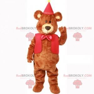 Adorable teddy bear mascot with jacket and red bow -